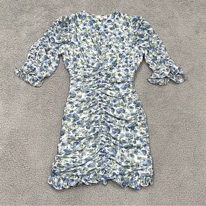 MABLE Dress Womens Small Blue RUCHED FLORAL BODYCON Low V Neck Ruffle 3/4 Sleeve